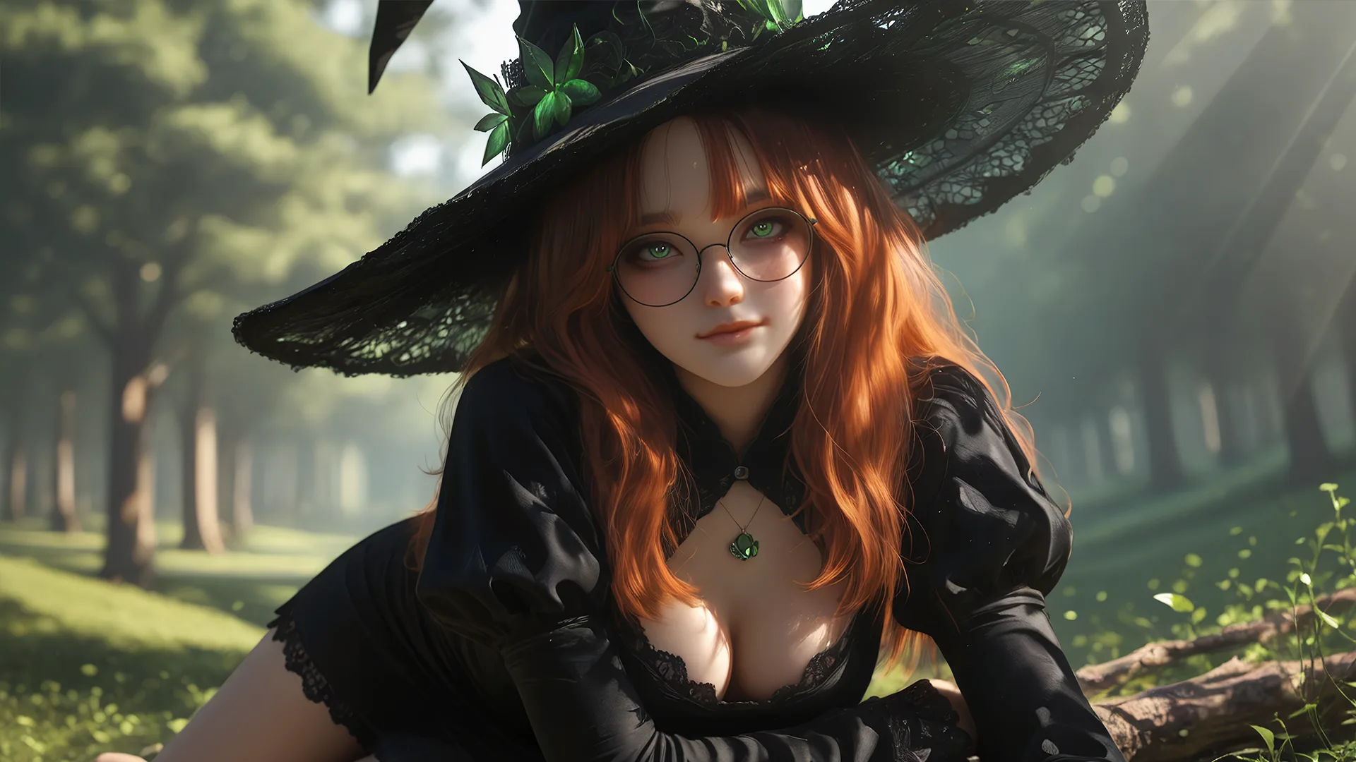 Sia, the curious sorceress, in a wide black witch hat in a sunlit forest