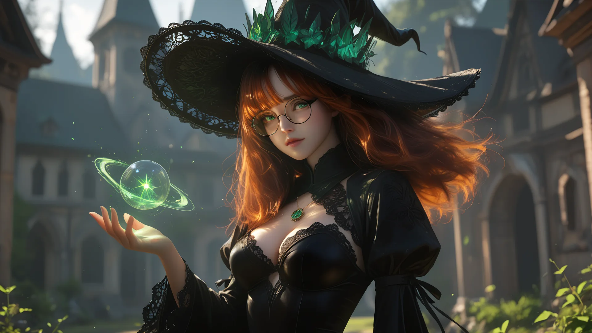 Sia holds a glowing green spell orb in a courtyard of old stone towers