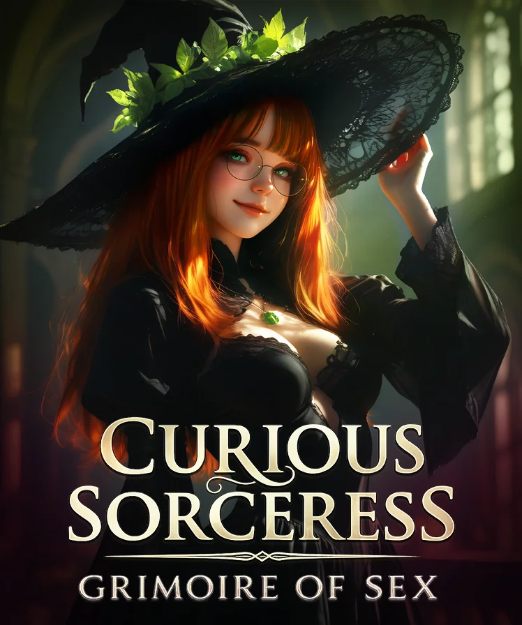 Sia the red-haired sorceress in round glasses, tipping her wide witch hat