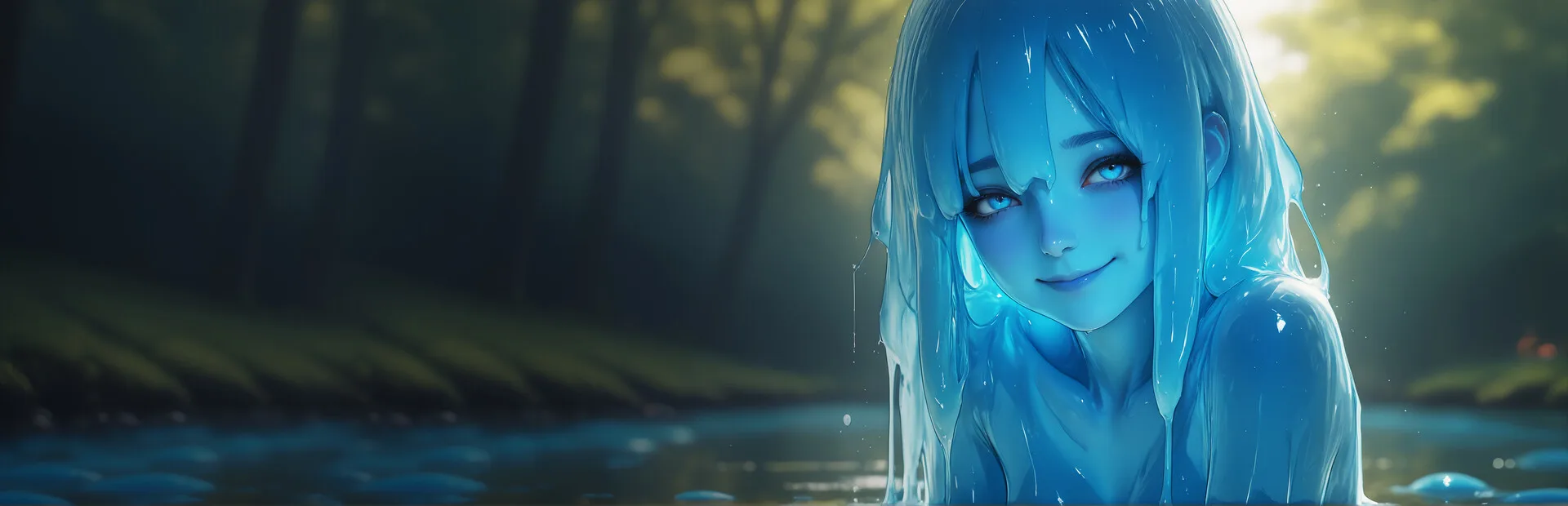 Nimea, the blue slime girl, smiles as she rises from a forest pool