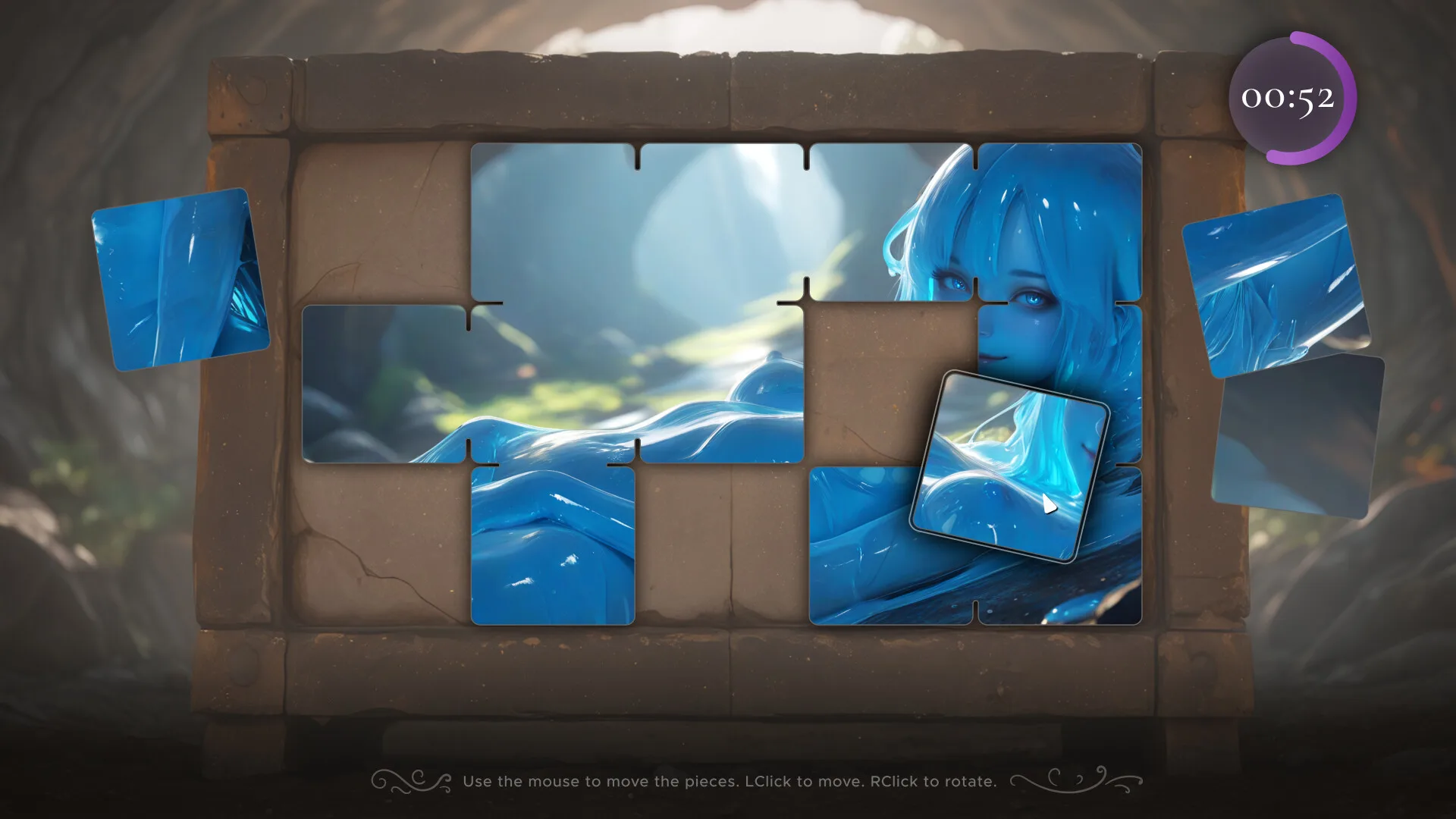 A timed picture puzzle of Nimea: move and rotate the tiles to complete it