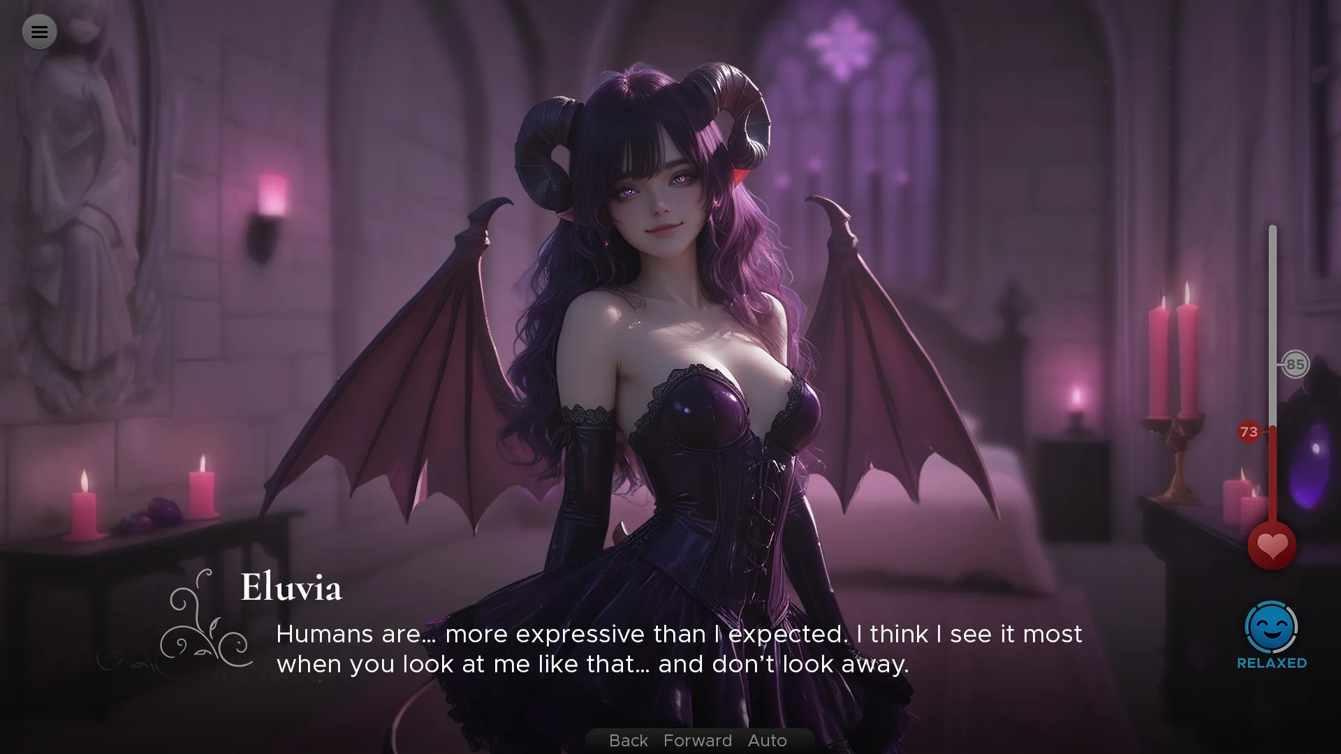 Eluvia, the enthusiastic succubus, smiles in a candlelit chamber