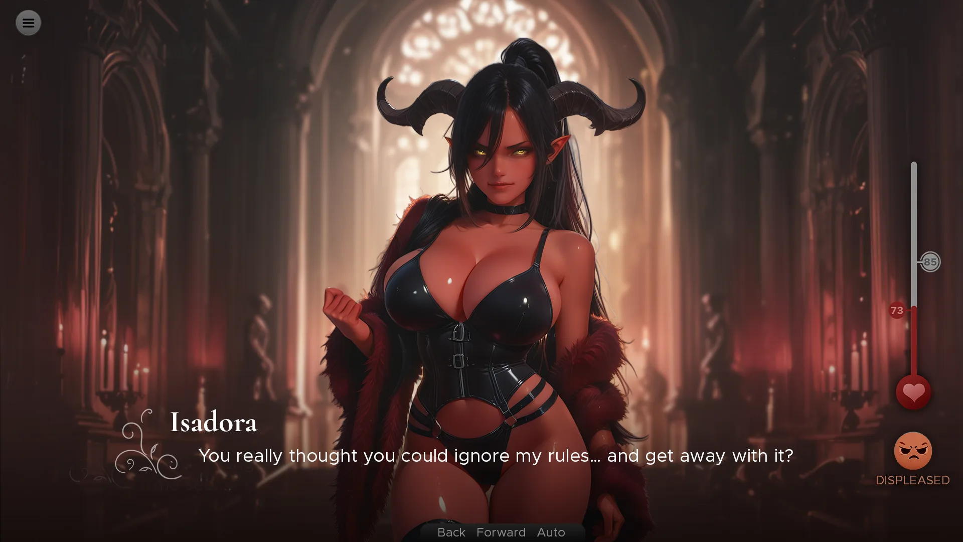 Isadora, boss of the Underworld, confronts the player in a gothic hall