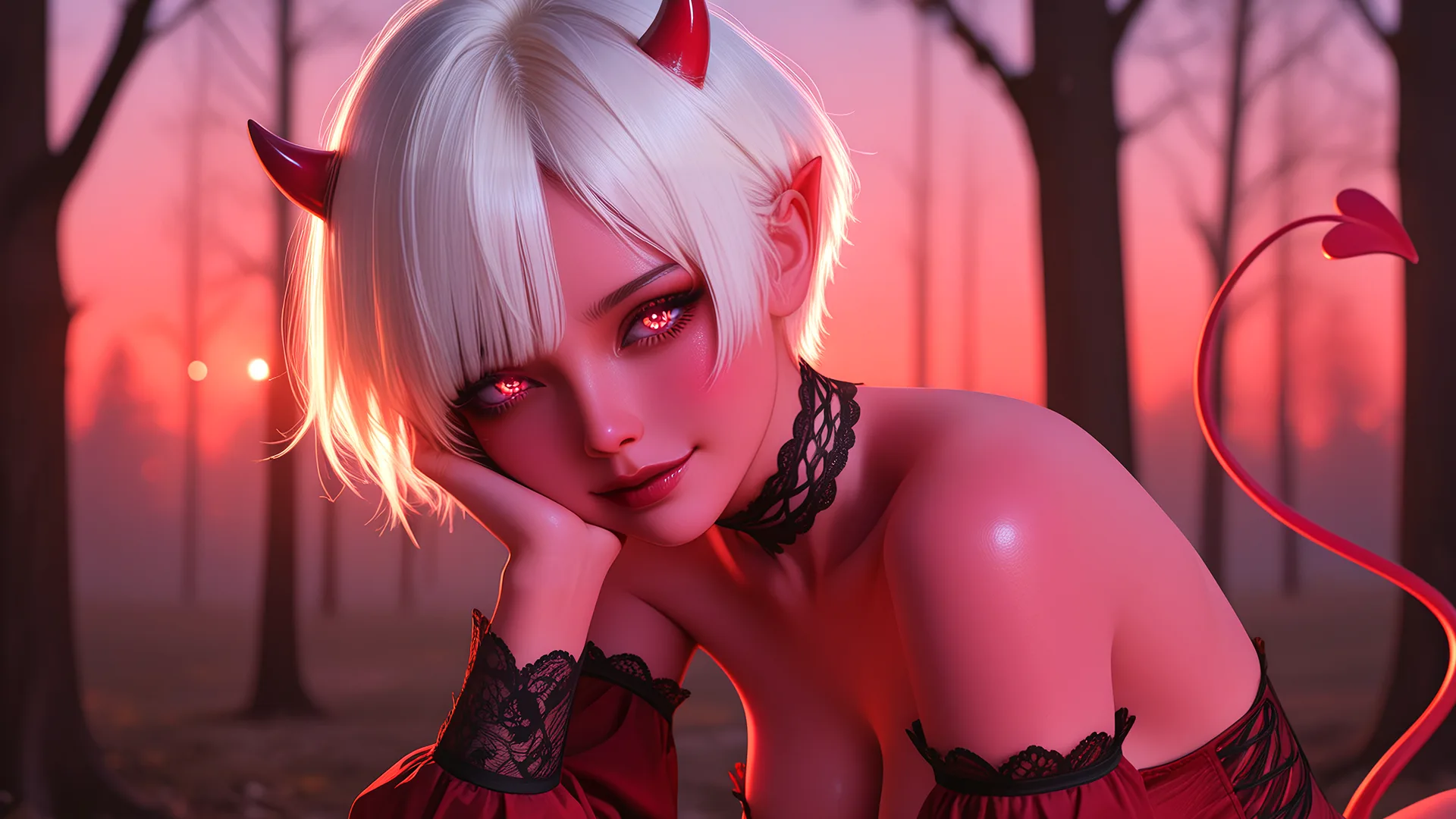 Valerica, the white-haired devilgirl, rests her chin on her hand in a red dusk forest