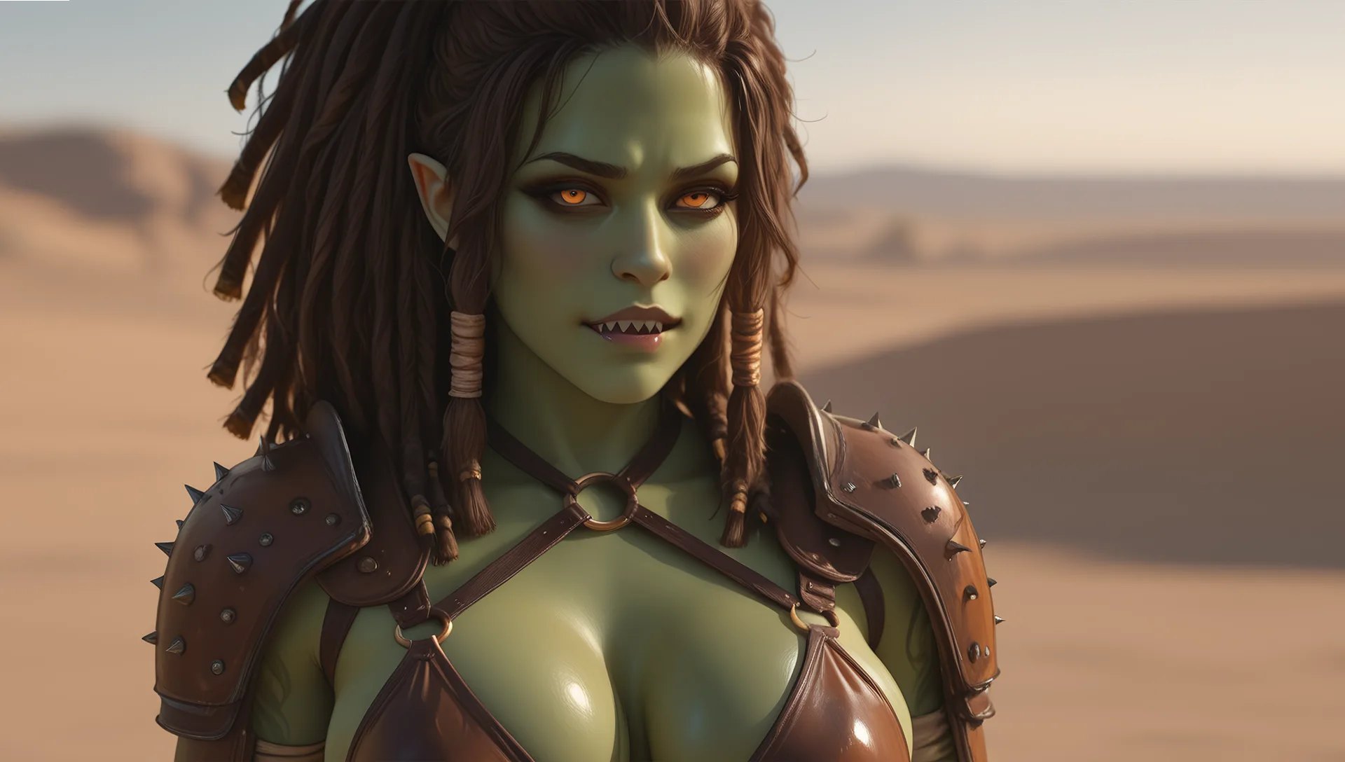 Close-up of Garsha, with sand dunes behind her