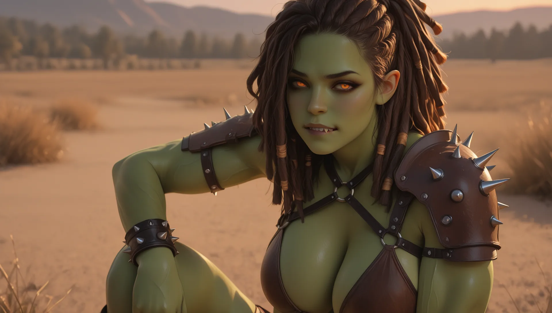 Garsha crouches in dry grass on a golden plain at dusk