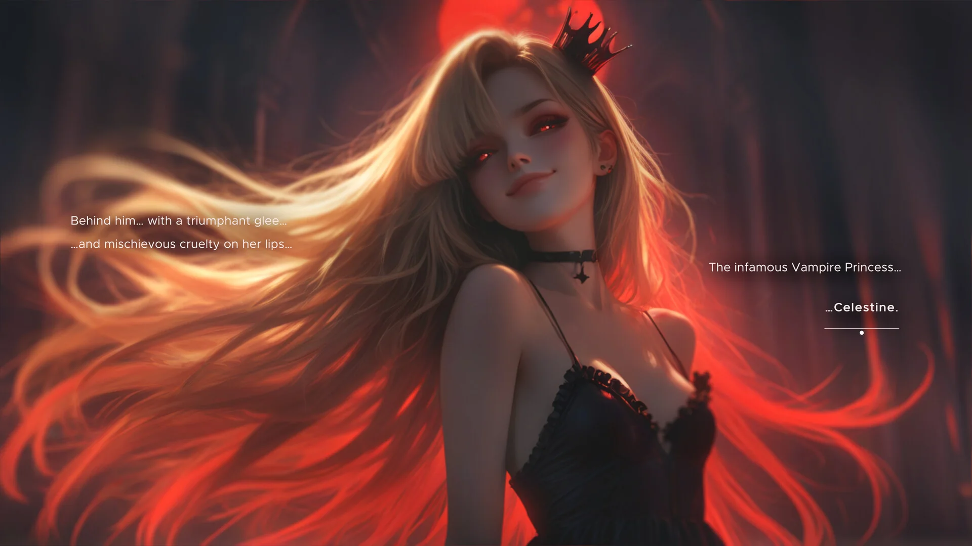 Celestine the Vampire Princess introduced with narration text in the visual novel Vampire Mistress