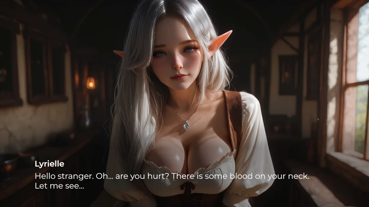 Lyrielle the elf maid greeting you in the tavern, a visual-novel dialogue scene from Vampire Mistress