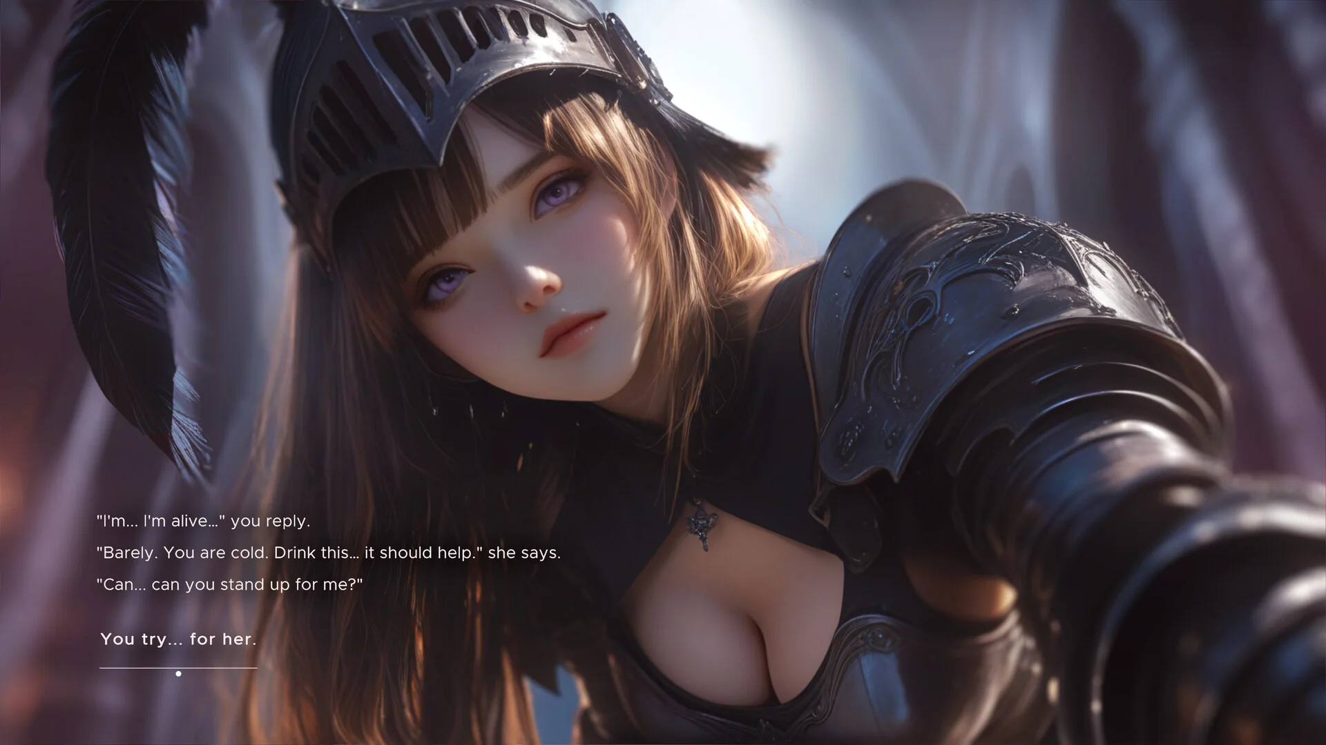 Marien the guard captain leaning over you in a visual-novel story scene from Vampire Mistress