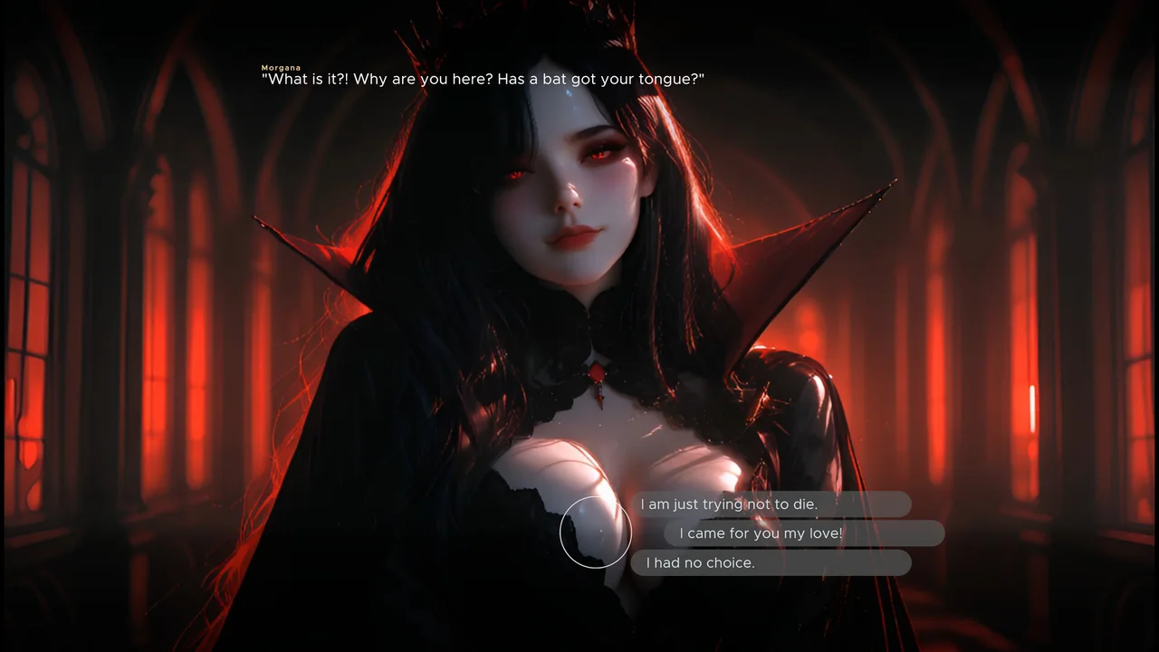Morgana the Vampire Queen questioning you, with three dialogue choices to answer, in Vampire Mistress