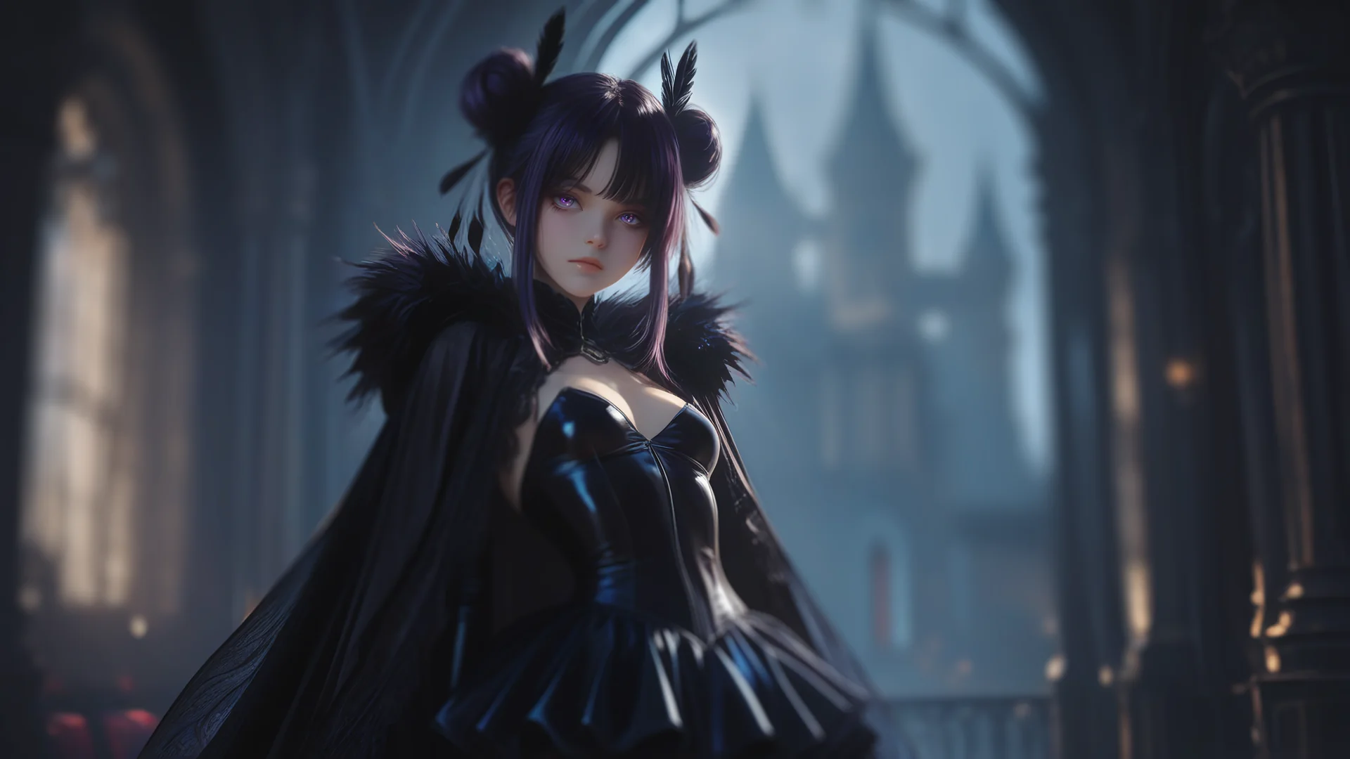 Skrana the raven girl companion in a moonlit gothic hall from Vampire Mistress