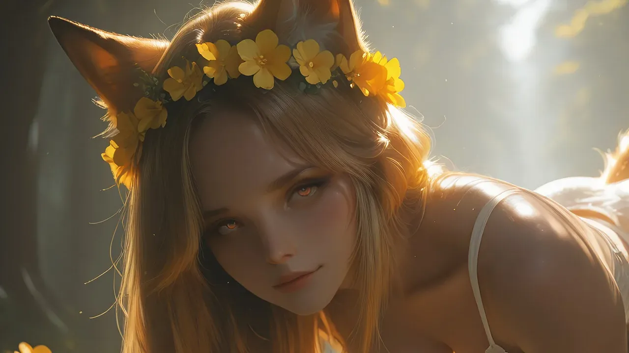 Anja the chaotic foxgirl wearing a flower crown in a sunlit forest from Vampire Mistress
