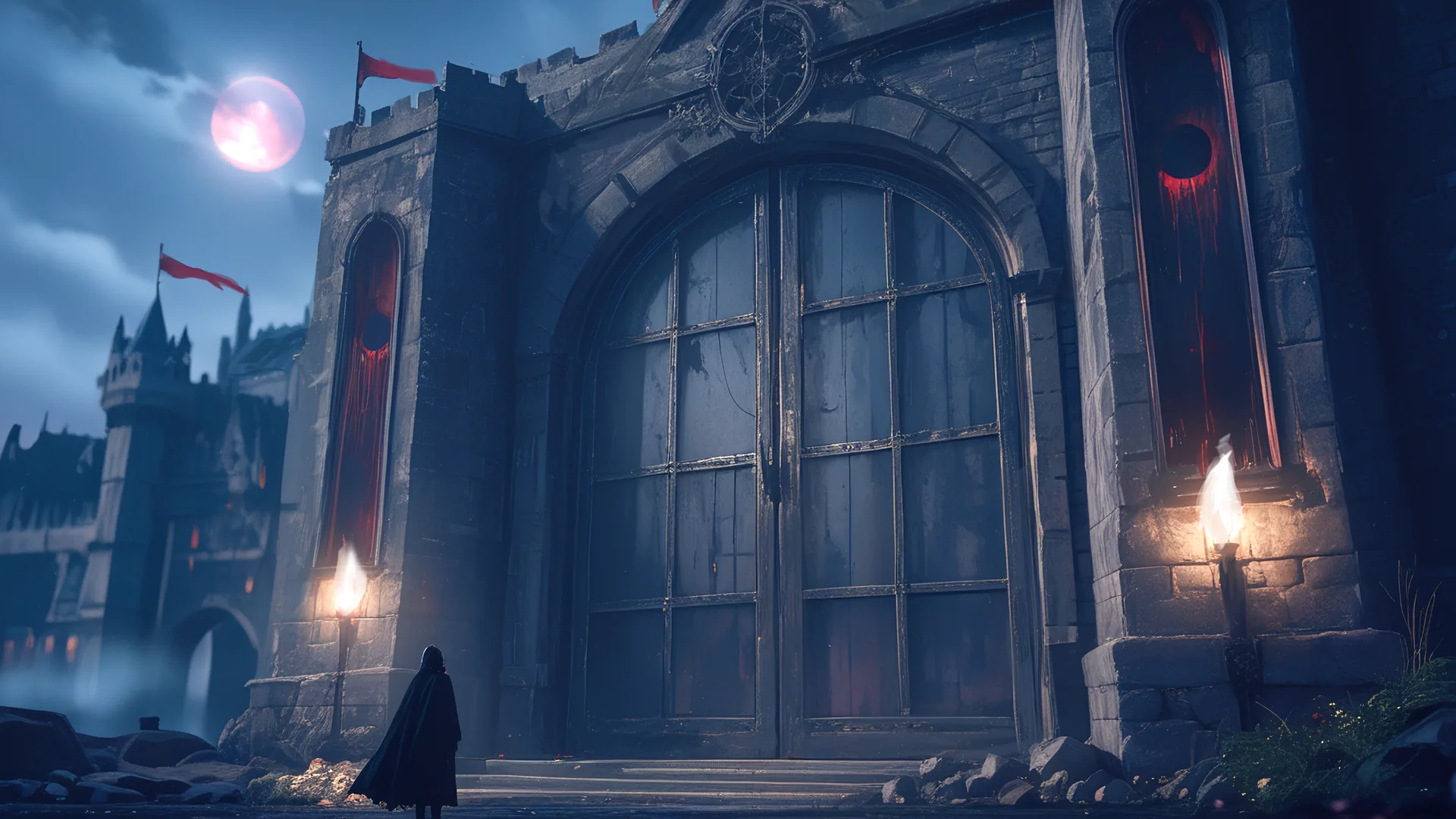 The great gate of Blackthorne Keep at night in Vampire Mistress