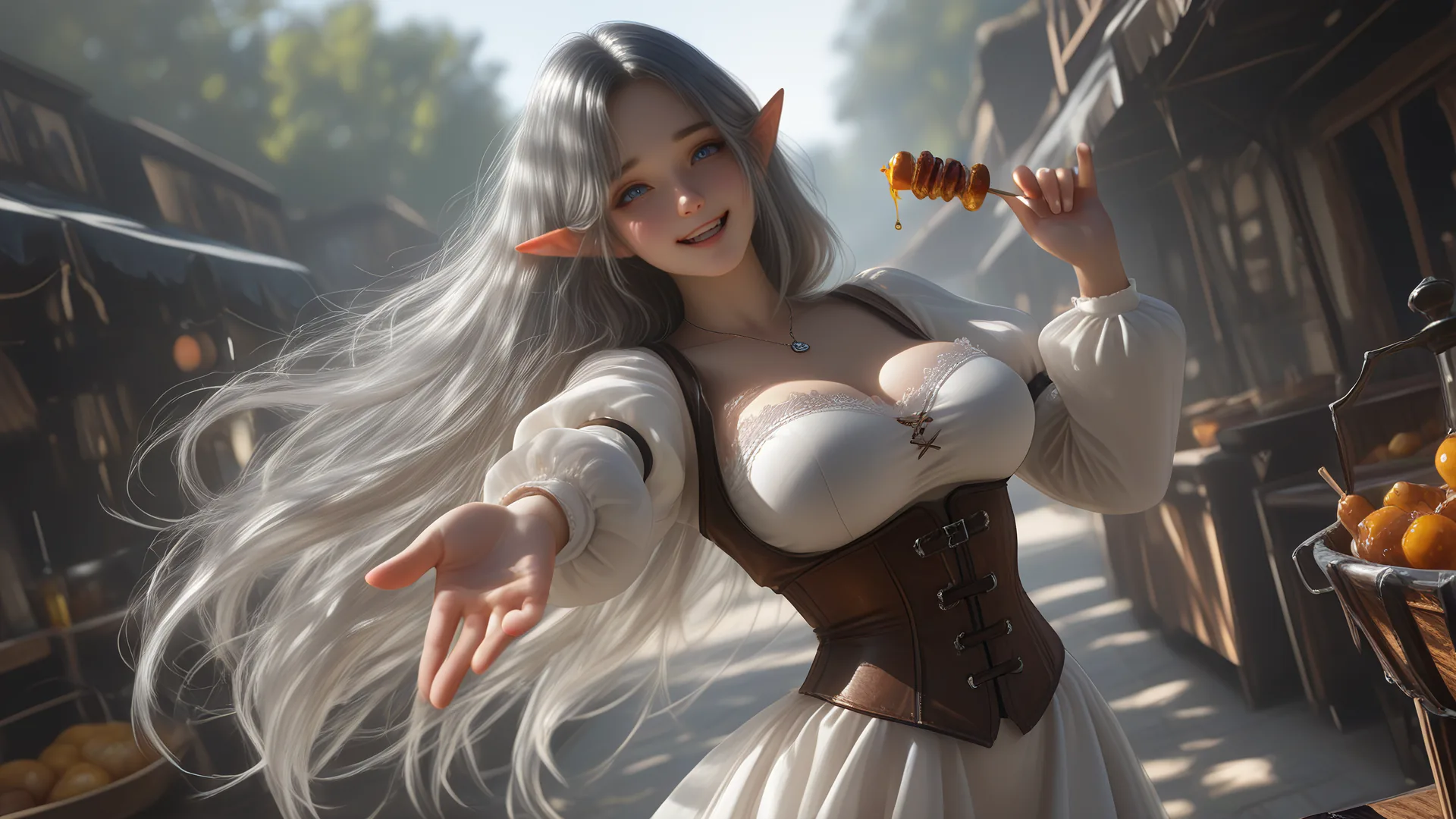 Lyrielle the elf maid in the sunlit village market from Vampire Mistress