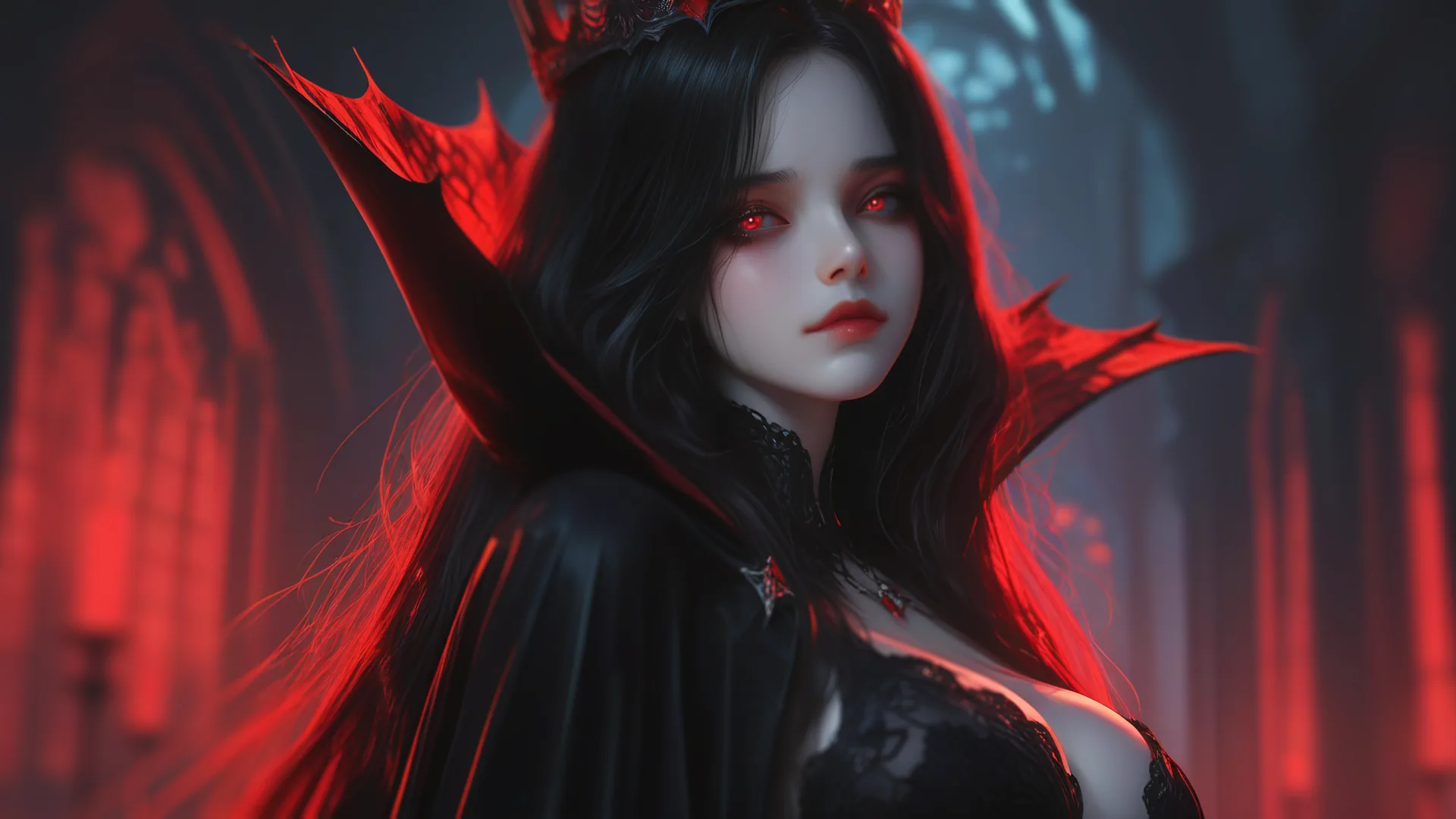 Morgana the Vampire Queen in a red-eyed close-up from the adult vampire romance game Vampire Mistress