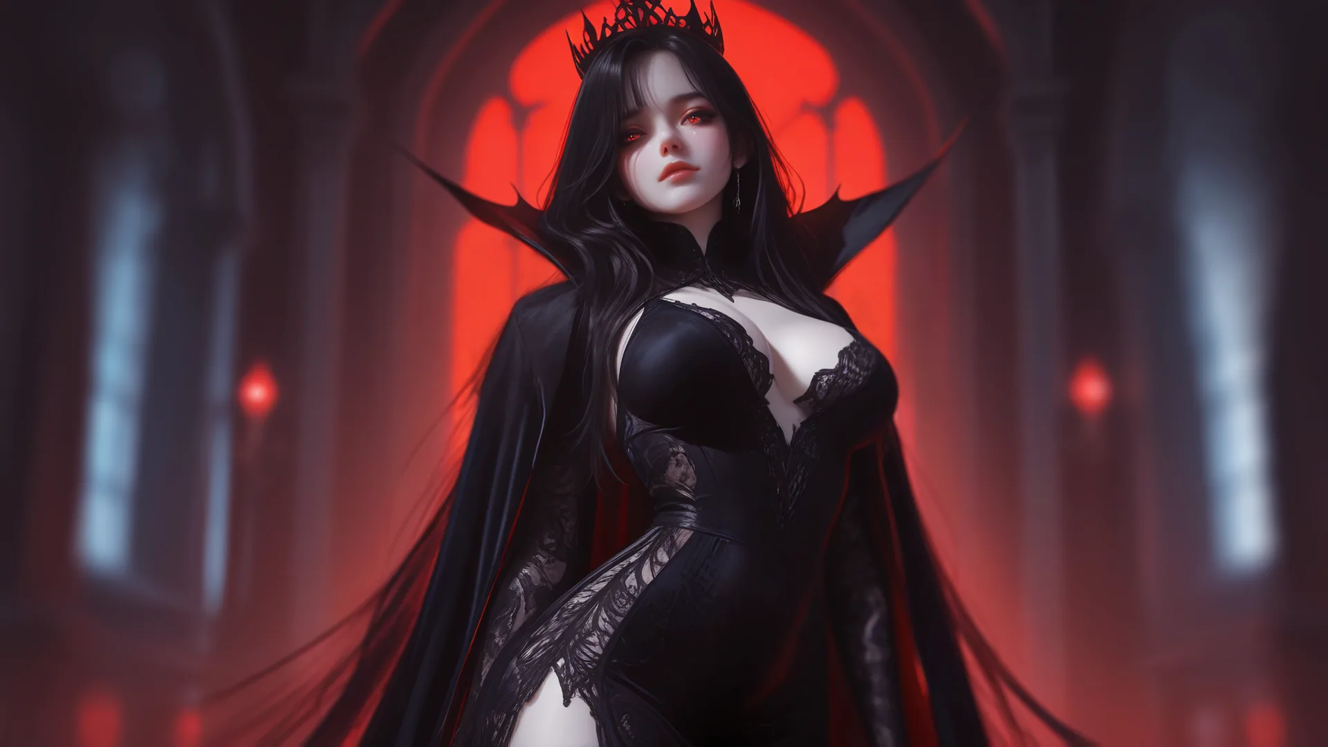 Morgana the Vampire Queen in her gothic hall from the adult vampire game Vampire Mistress